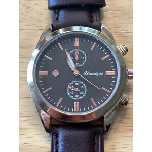 Classique Gold Tone Case Rose Gold Indices Brown Genuine Leather Band Watch